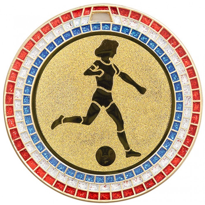 70MM WOMEN'S FOOTBALL,  RED,WHITE AND BLUE GEM MEDAL - GOLD